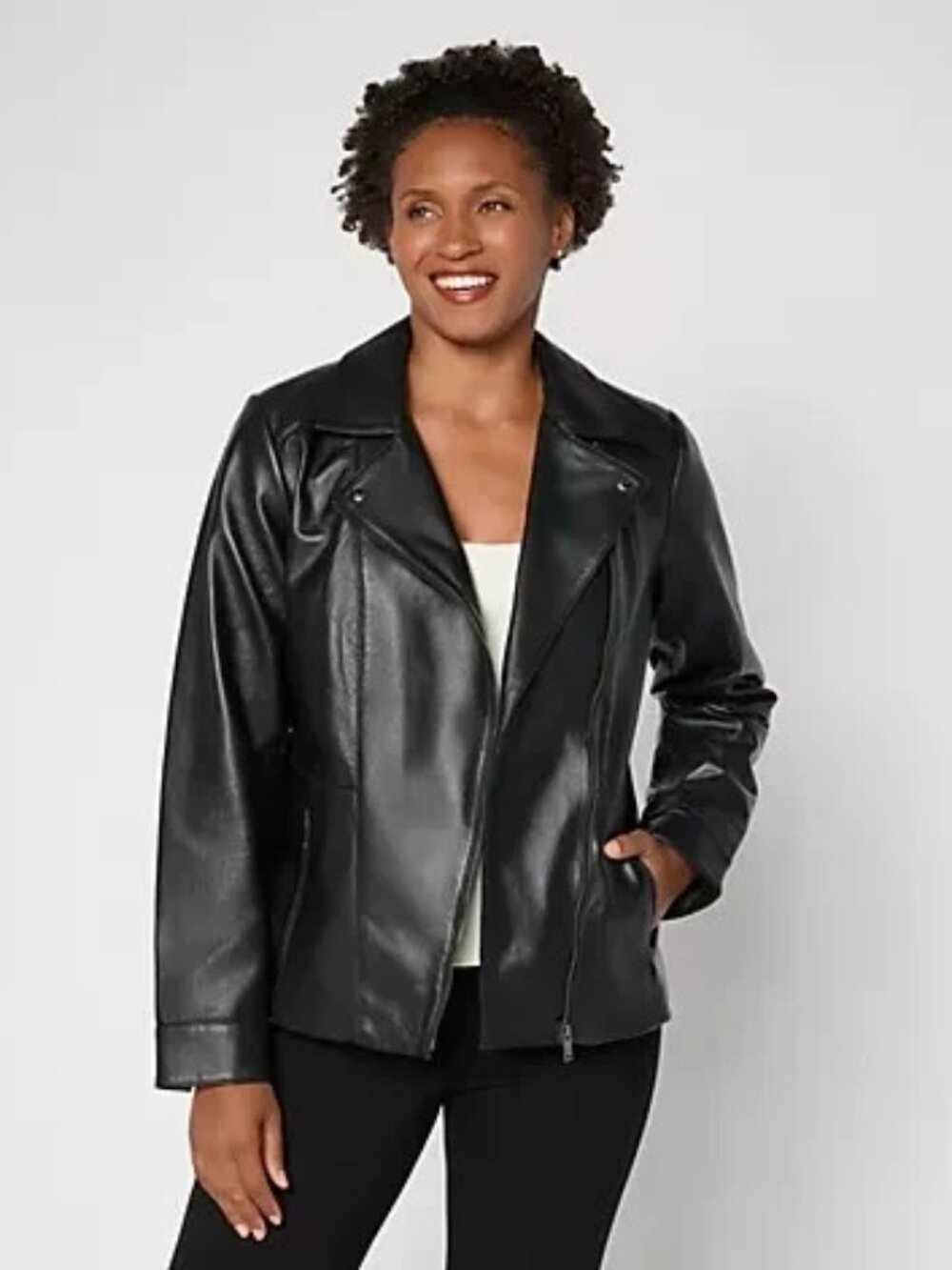 Share Denim & Co. Lamb Leather Moto Jacket with Pockets-Black-XS A738357
